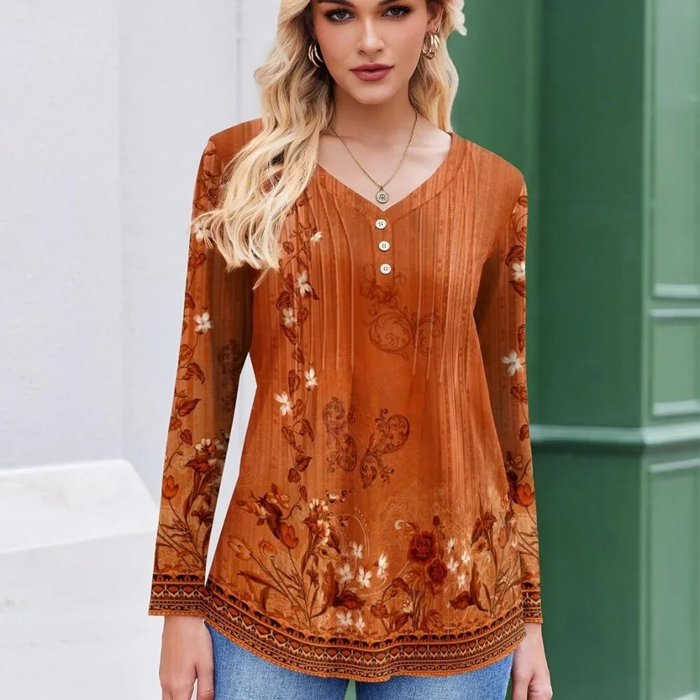 Trendy Women's Long Sleeve Pleated Tunic - Comfortable V-Neck Blouse, Size L - Picture 3 of 4